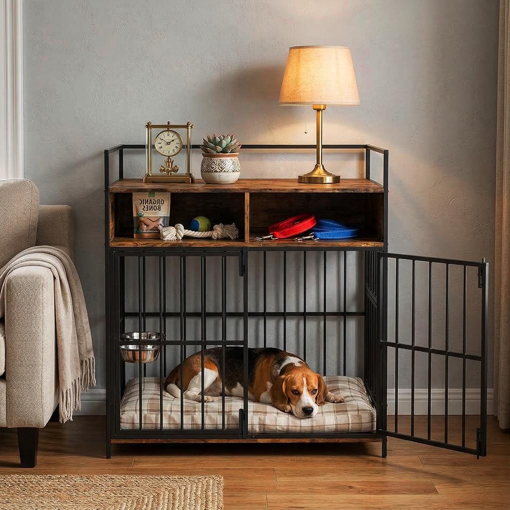 Dog Crate Furniture Dog Cage With Rotatable Feeding Station And Storage Shelves End Side Table Indoor Pet Kennel