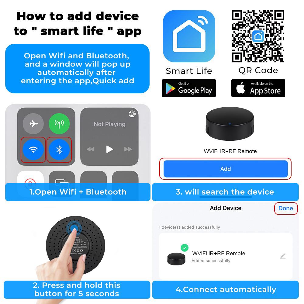 Télécommande Tuya WiFi RF IR 433MHz/315MHz Pour Maison Intelligente Via Smart Life Pour Climatiseur TOUS les TV Supporte Alexa, Google Home