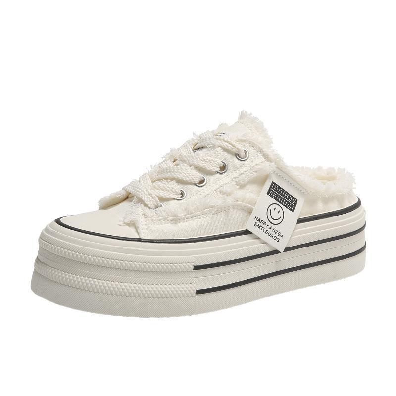 Zapatillas Baotou para mujer verano para exterior 2024 nuevas zapatillas de lona blancas sin talón medio zueco perezoso sandalias de verano de suela gruesa