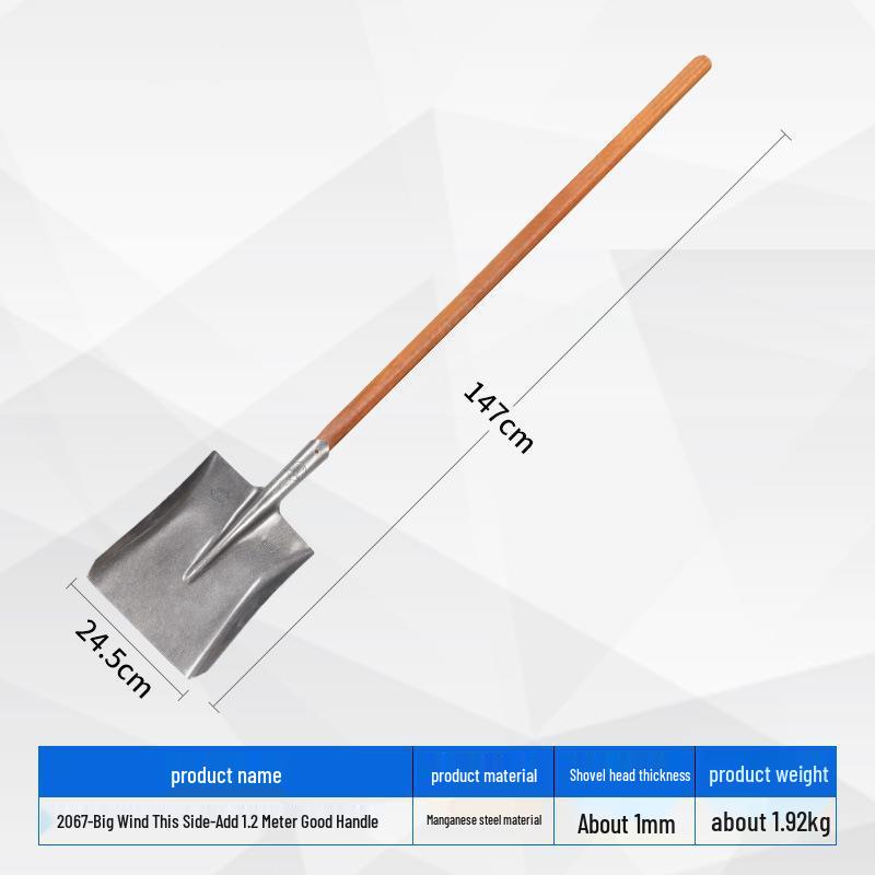 Iron Shovel with Manganese Steel Square Head & Wooden Handle, Natural Color, Large Size for Construction