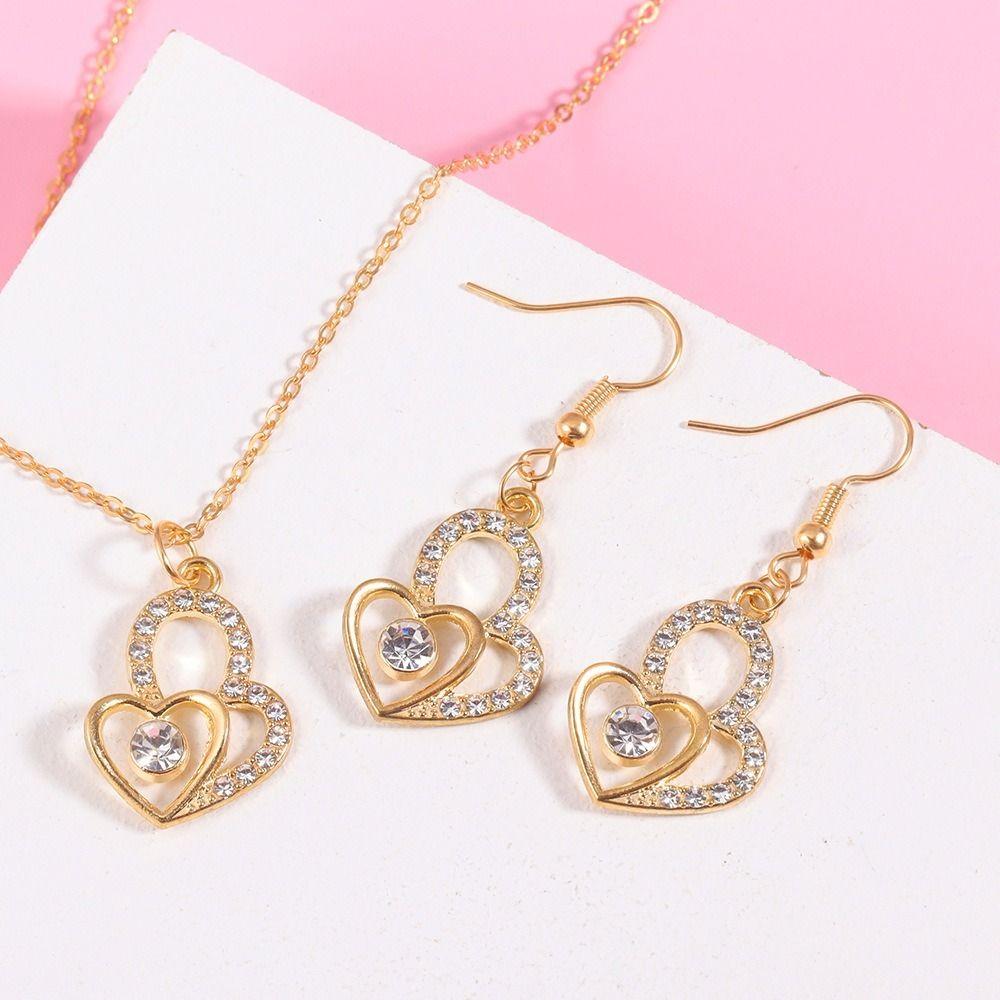Gold Color Love Charm Earrings Exquisite Silver Color Double Heart Necklace 3Pcs Set Light Luxury Bridal Accessory Set Wedding