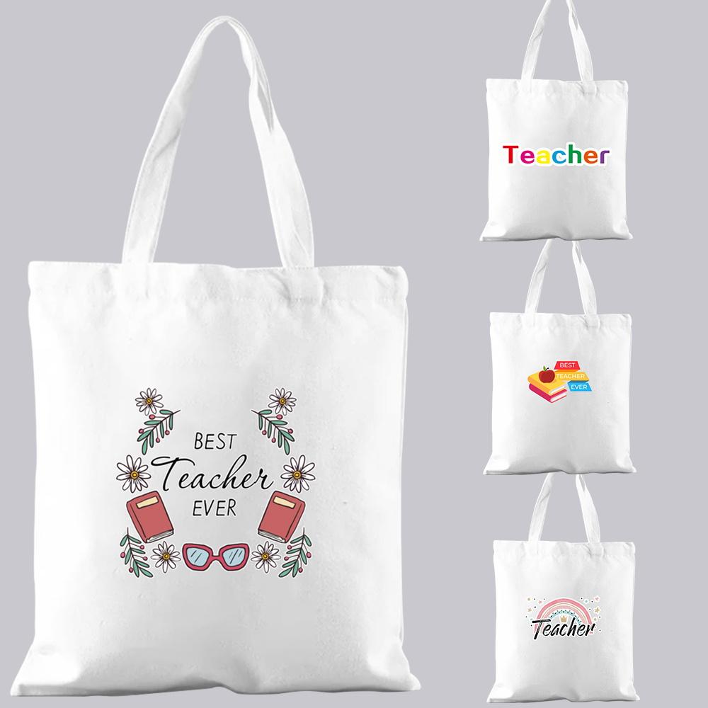 Fashion Shopping Bag Handbag Commuter Casual Shoulder Bag Reusable Canvas Bag White Cartoon Teacher Pattern Printing Tote Bag