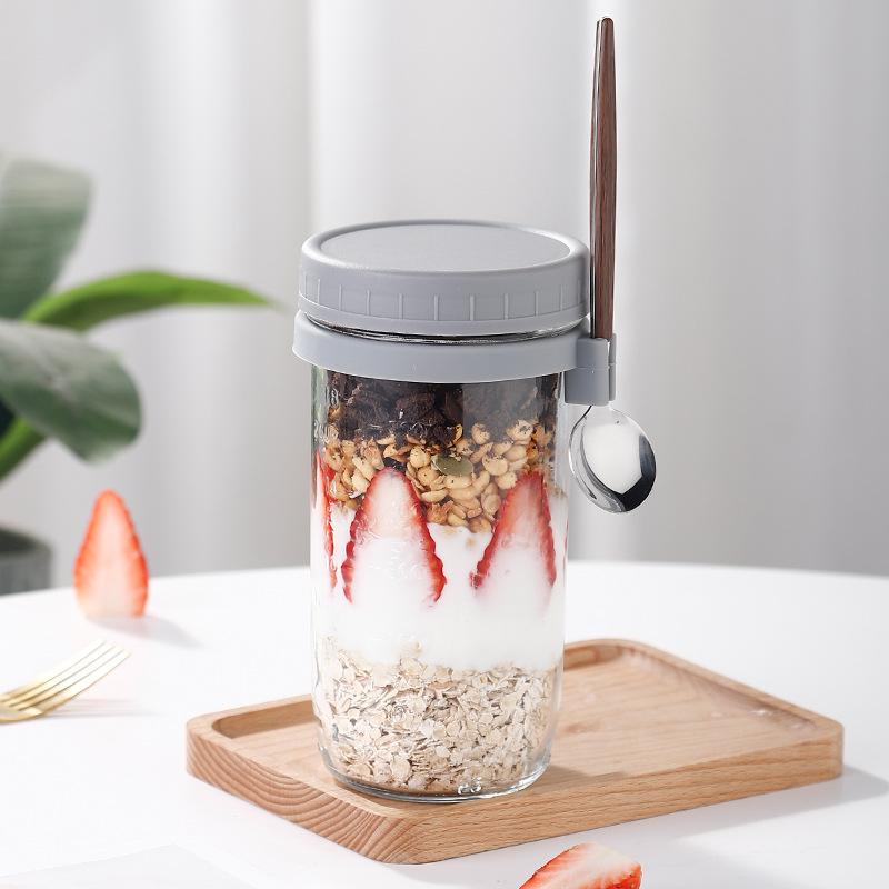Overnight Oat Cup Transparent Glass Mason Cup Simple Portable Cereal Cup with Spoon Lid Yogurt Graduated Cup