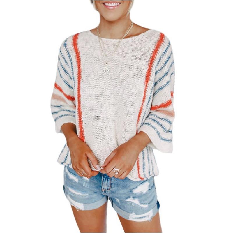 Женский милый цветной полосатый легкий удобный вязаный пляжный пуловер трикотаж S