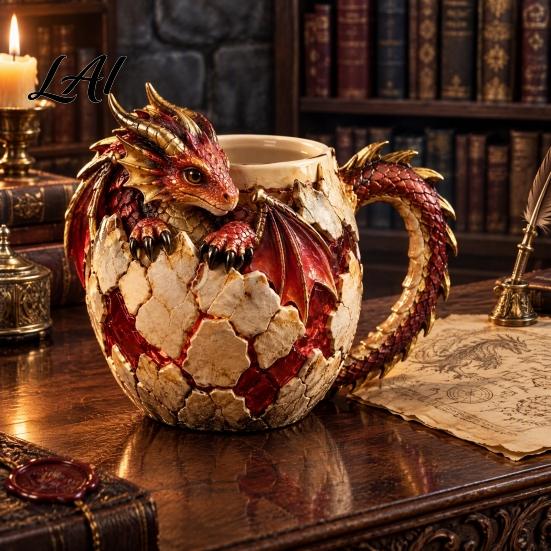 Tabletop Display Ornament Fantasy Dragon Egg Mug Stainless Steel Liner 3D Relief Baby Theme Party Props Coffee Cup Realistic Resin Desktop for Home