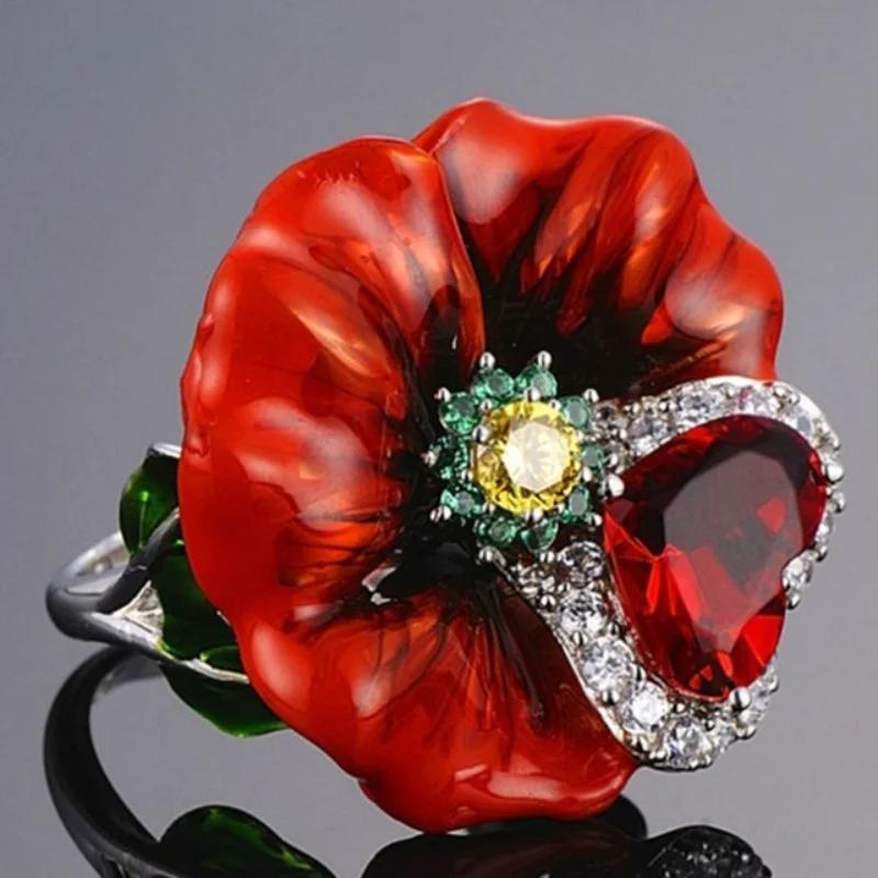 

Milangirl Pink Flower Rings for Women Luxury Plant Floral Design Red Zircon Birthstone Ring Engagement Zircon Whole Sale 10