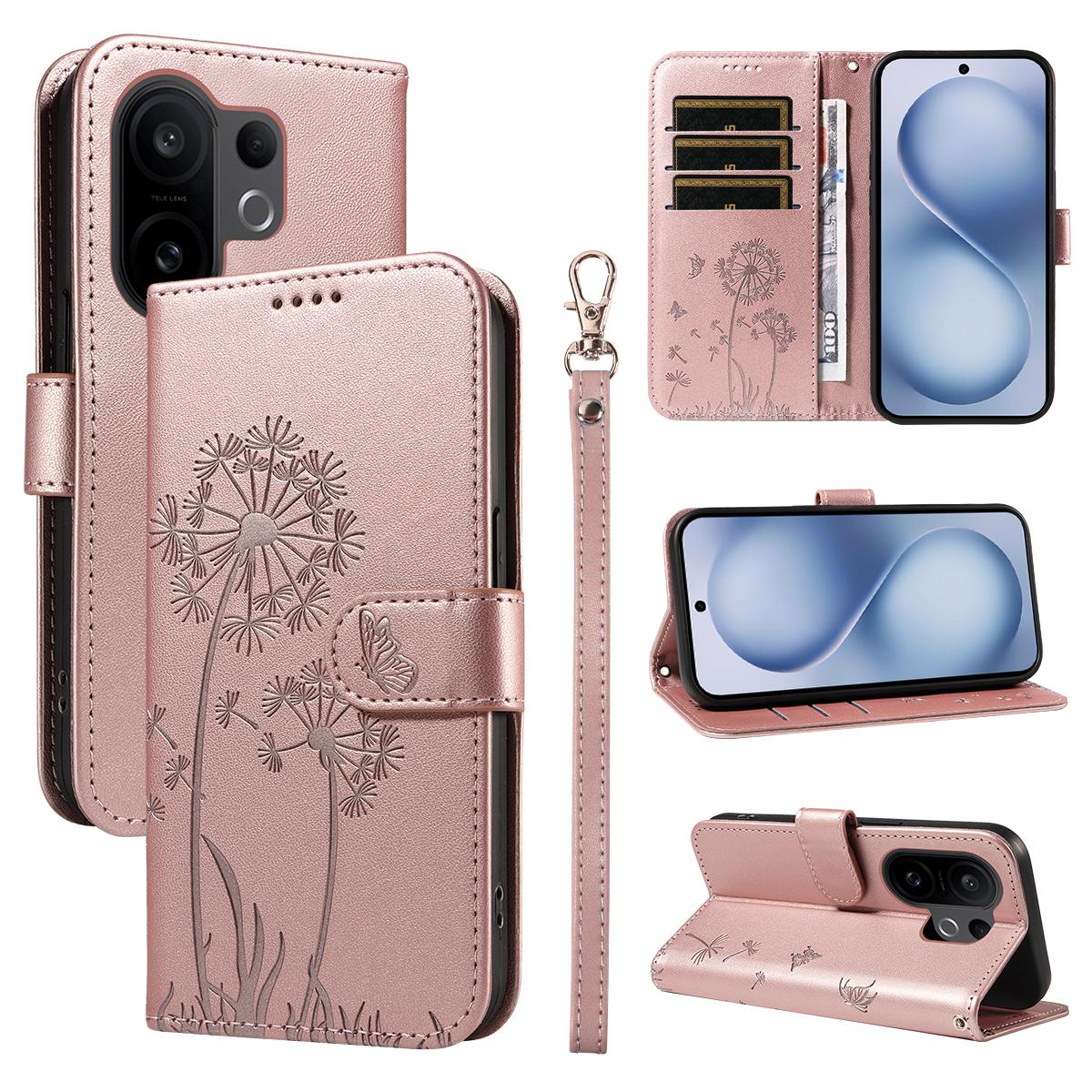 

For vivo X200 FE 5G/vivo S30 Pro mini 5G Leather Wallet Case with Strap Dandelion Imprint Phone Stand Cover Rose Gold
