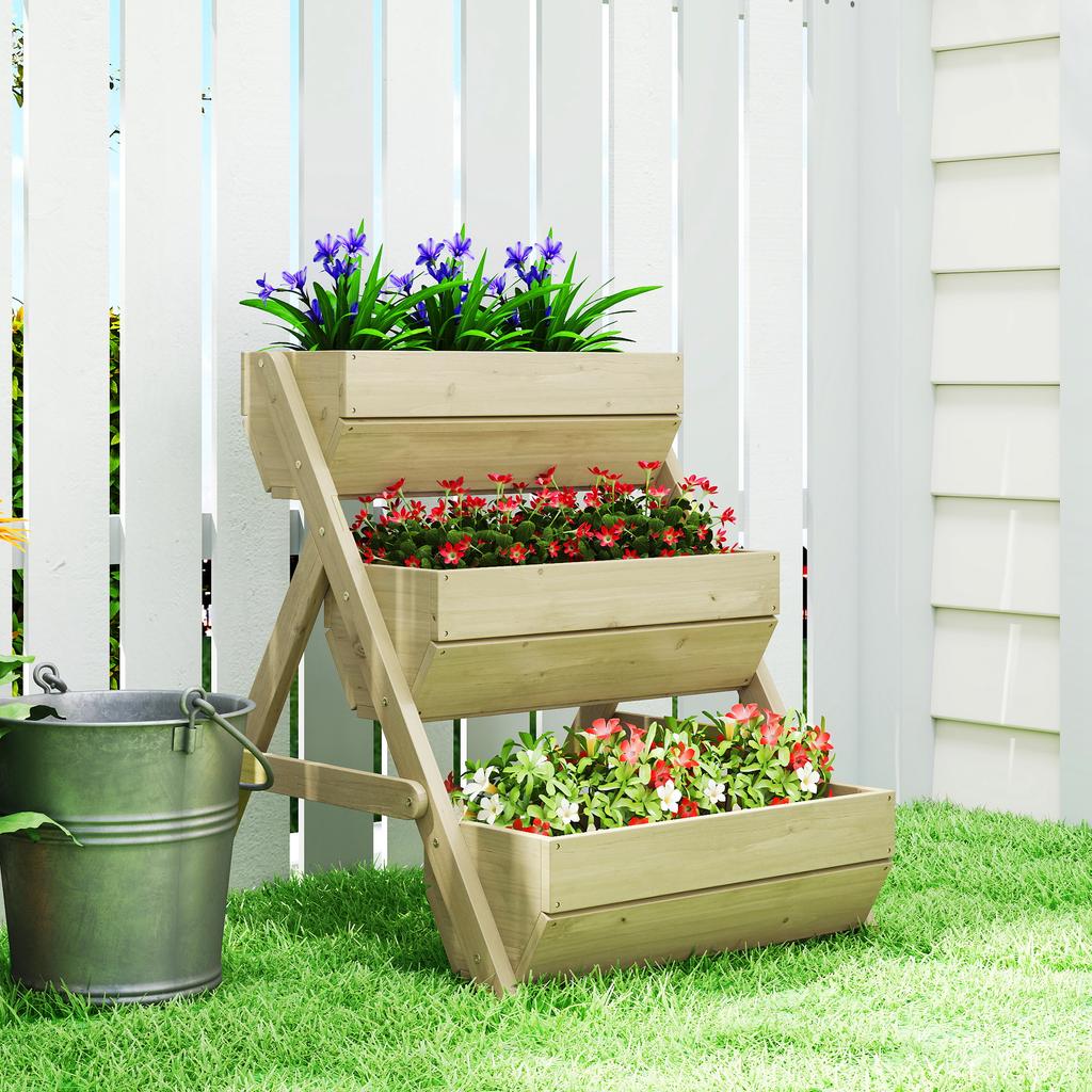 3 Tier Raised Garden Bed Wooden Elevated Planter Box Kit, 66L for Flower, Vegetable, Herb, 65x75x78cm, Green