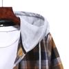 Men Women Couple Hooded Plaid Shirt Long Sleeve Buttons Shirt Jacket Coat