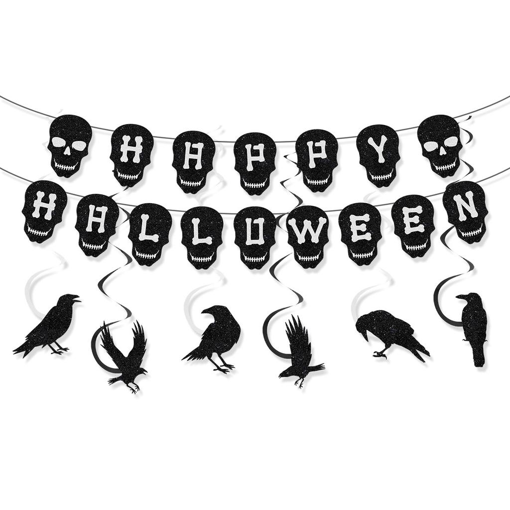 Halloween Black Skull Happy Halloween Banner Pull Flag
