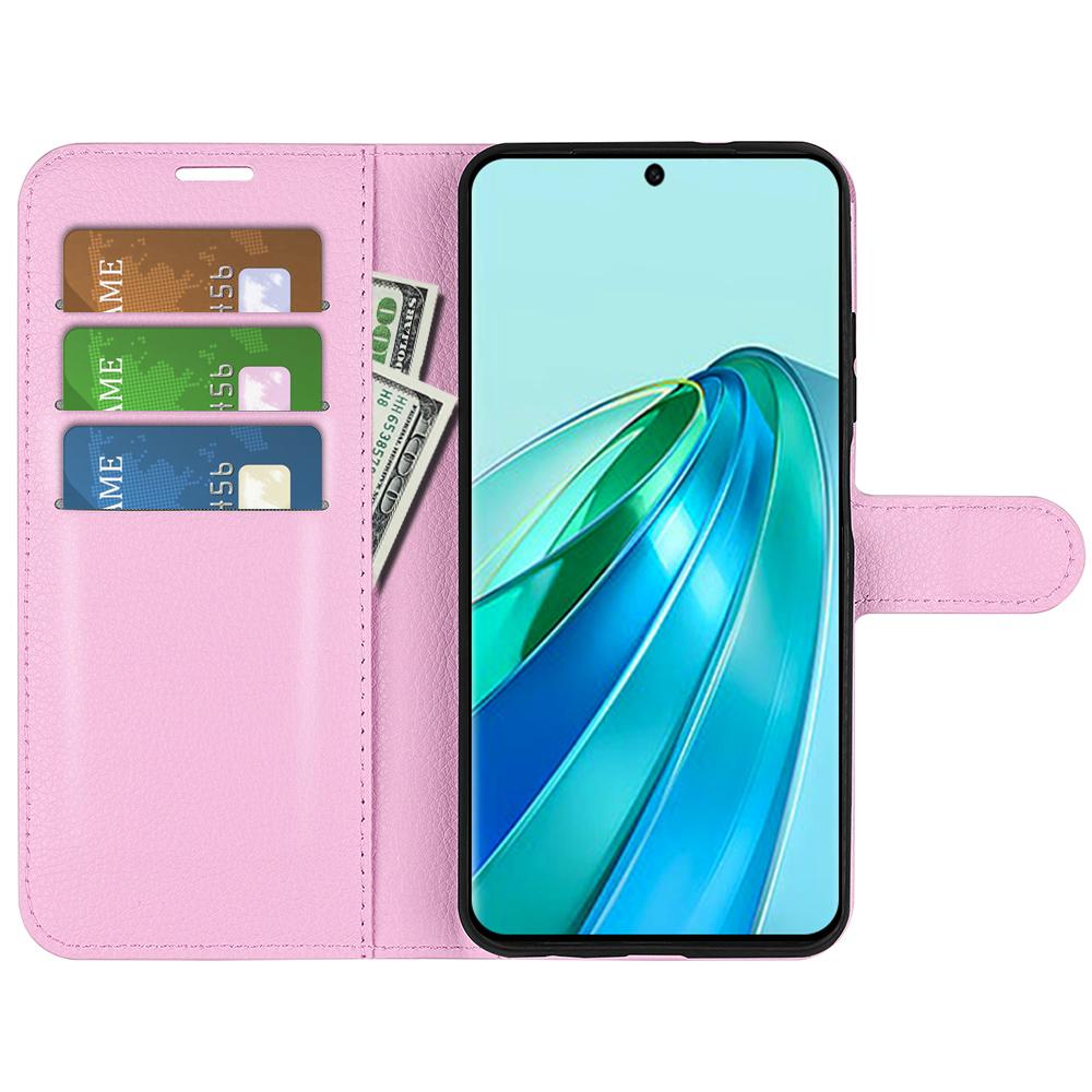 

For Honor X9a 5G Leather Phone Case Stand Wallet Litchi Texture Full Protection Phone Cover Pink