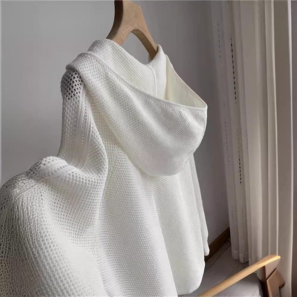 Women's Spring/Summer Solid Color Openwork Hooded Sweatshirt-Style Knit Cardigan