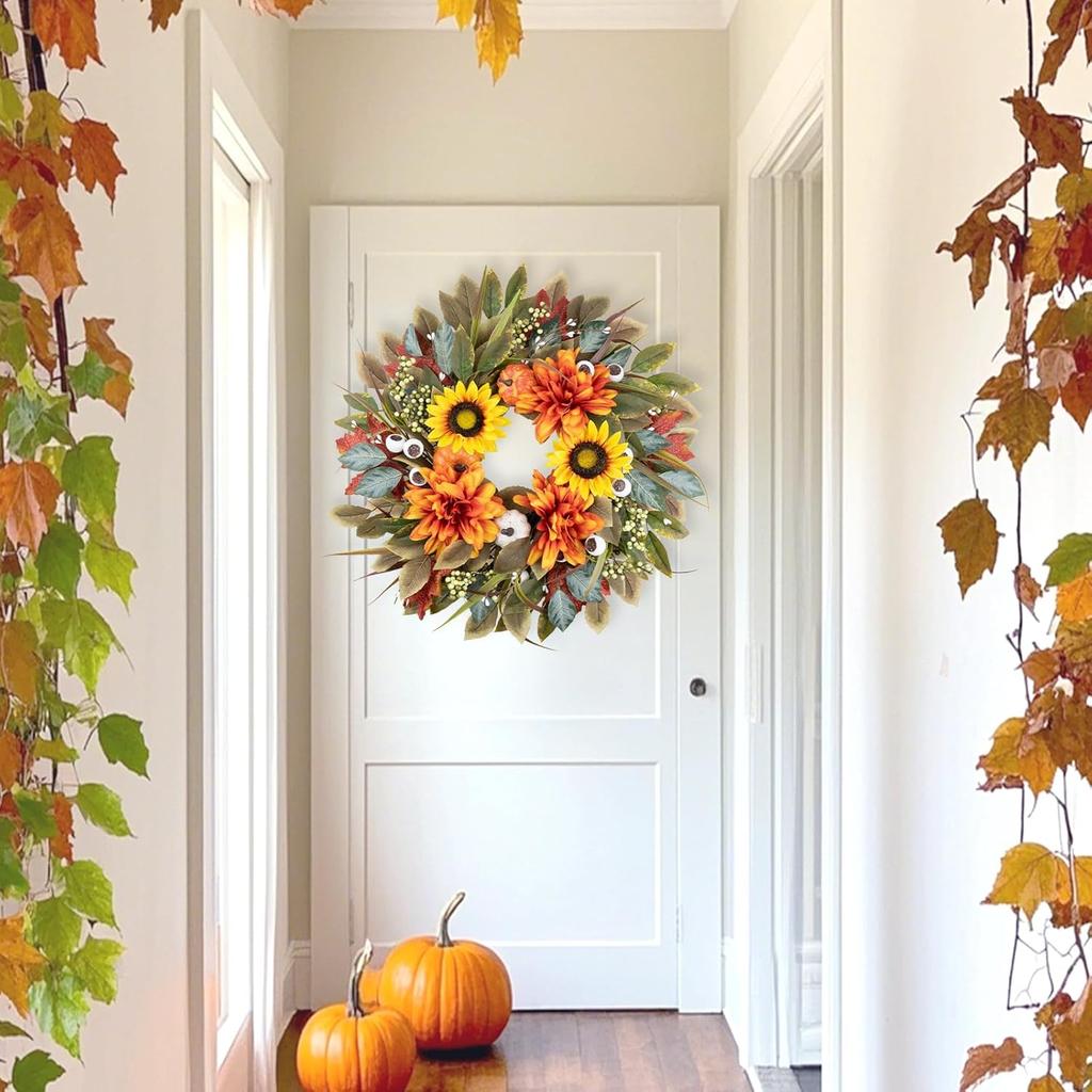 Wreath Front Door 24IN Autumn Maple Leaves Wreaths Fall Harvest Door Wreaths with Pumpkin Large Door Wreath for Thanksgiving Halloween Farmhouse