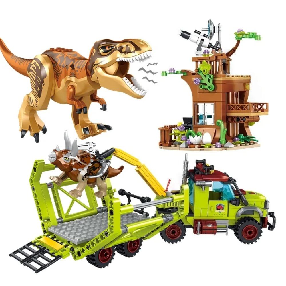 Jurské dobrodružství záchrany dinosaurů Stavebnice s pohyblivou figurkou T-rexe Pevný domček na strome a model záchranného nákladného auta Stavebné kocky
