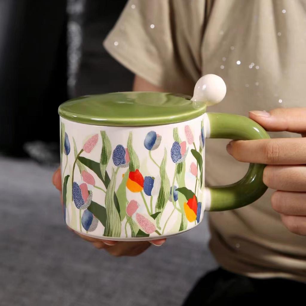 Light Luxury Flower Ceramic Cup With Lid Spoon High Value Household Drinking Cup Office Coffee Cup Teacup Mug