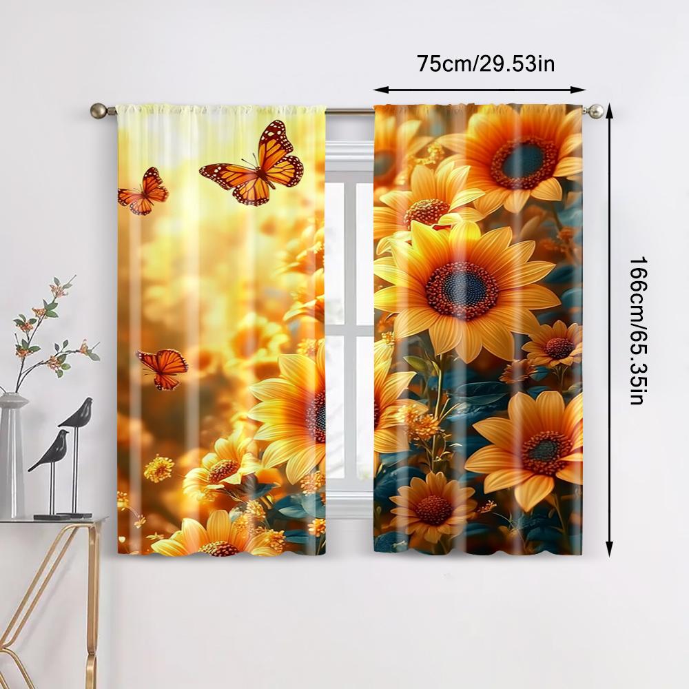 2pc,  Window Curtains Sunflower 100% Polyester,Without Electricity Family Party Decoration Applies To Hotel Decoration