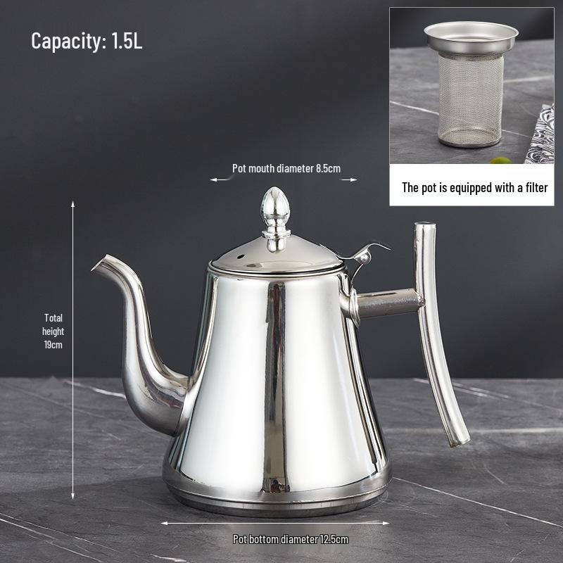 Stainless Steel Teapot with Filter for Induction Cookers - Long Spout, Large Capacity, Ideal for Restaurant Use.