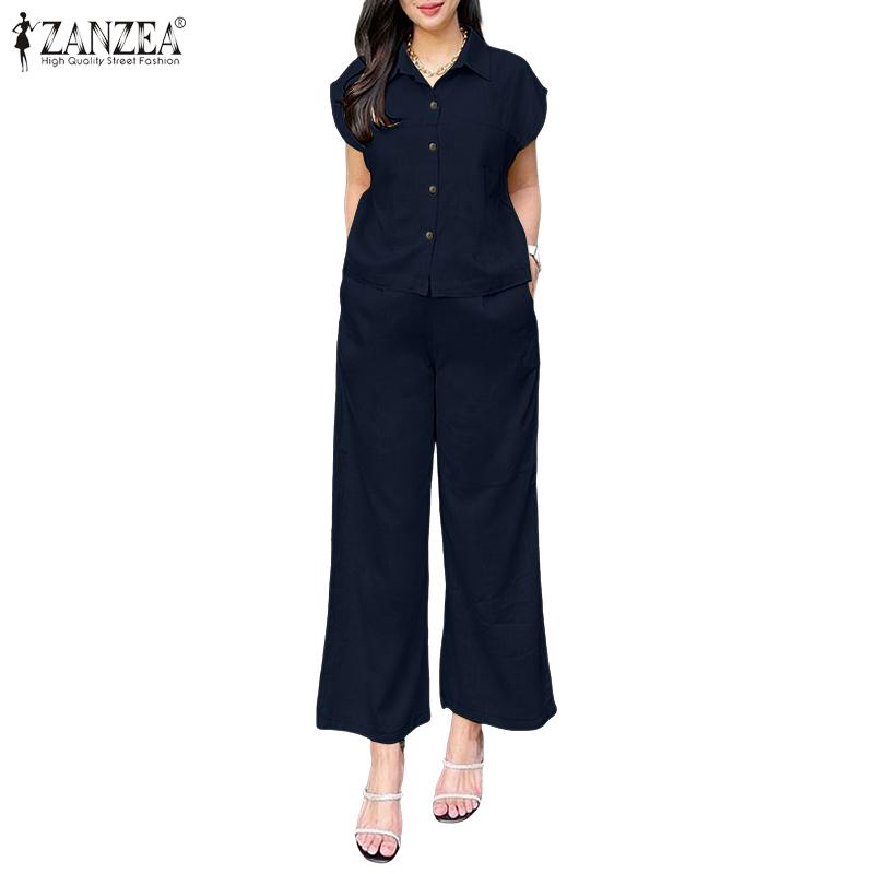 ZANZEA Women Short Sleeve Blouse and Pants Summer Two Piece Suit Sets