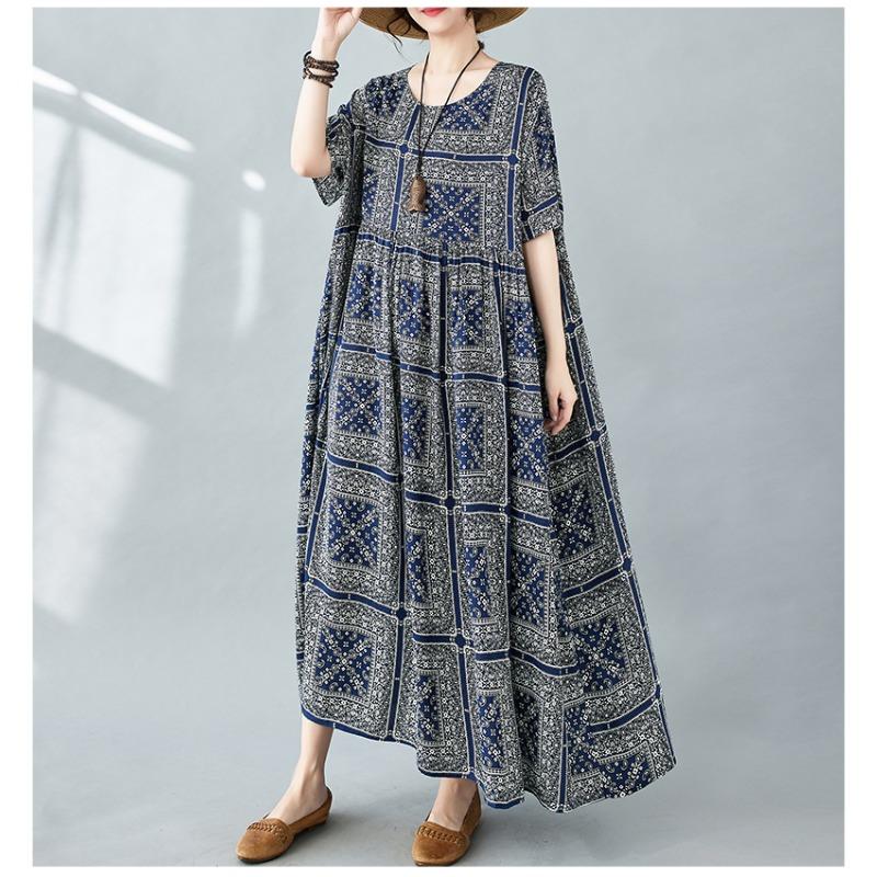 Dimanaf Women Dress Summer Plus Size Beach Sundress Linen Bohemian Print Flowers Fashion Lady Vestidos Loose Casual Long Dress Oversize 9079