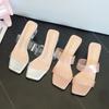 Transparent crystal thick heel sandals women 2025 summer new wear large size high heels fashion word with sandals women