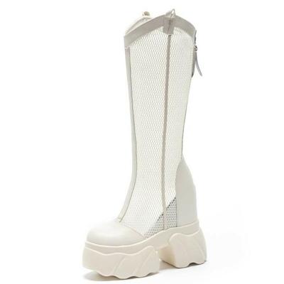Heiße Qualität 11CM Air Mesh Stiefeletten Mikrofaserleder Sommer Mode Schuhe Kniehohe Stiefel Plateau Keil Flache Sandalen Damen