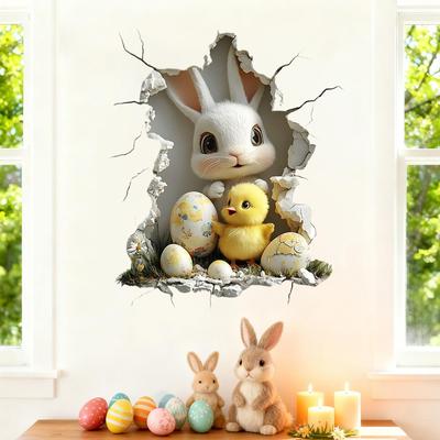 3D Broken Wall Bunny Stickers, PVC Easter Egg Wall Stickers, Easter Room Decorations, Suitable for Bathrooms, Kitchens, Wall