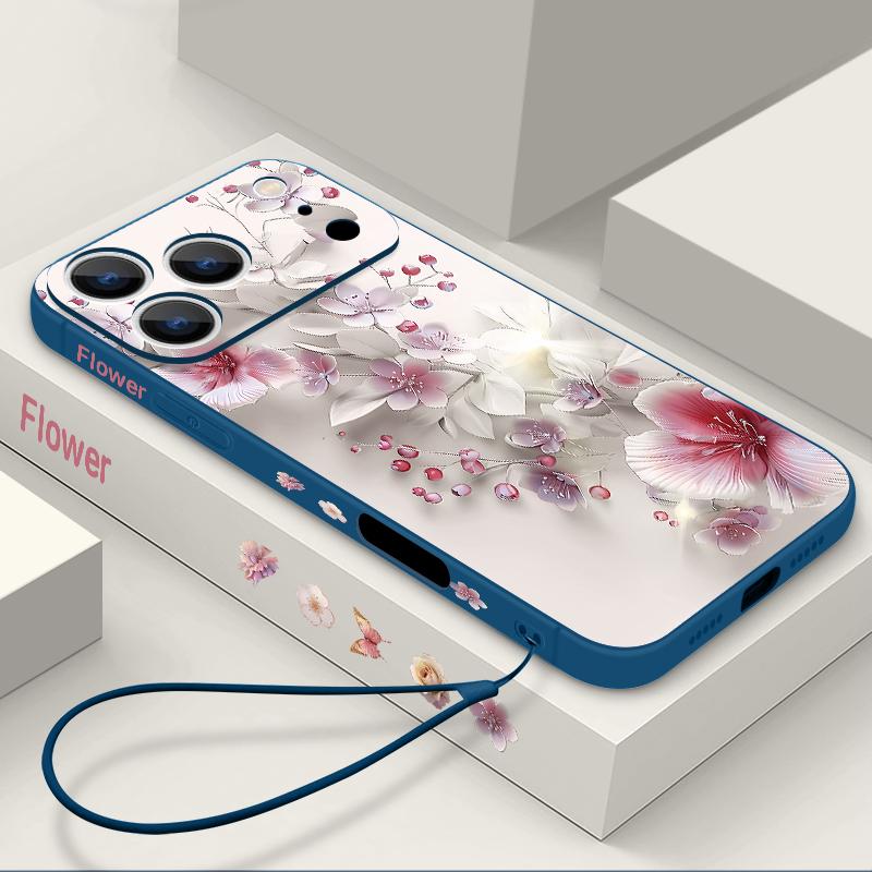 Pink White Flower Pattern Lanyard Case For iPhone 17 Pro Max Soft Silicone Cover For iPhone 16 Pro Max Funda iPhone 15 14 13 12 11 16E Air