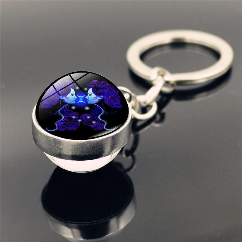 Fashion 12 Constellation Keychain Double Side Glass Cabochon Ball Keychain Zodiac Signs Key Rings Jewelry for Women Men Gift