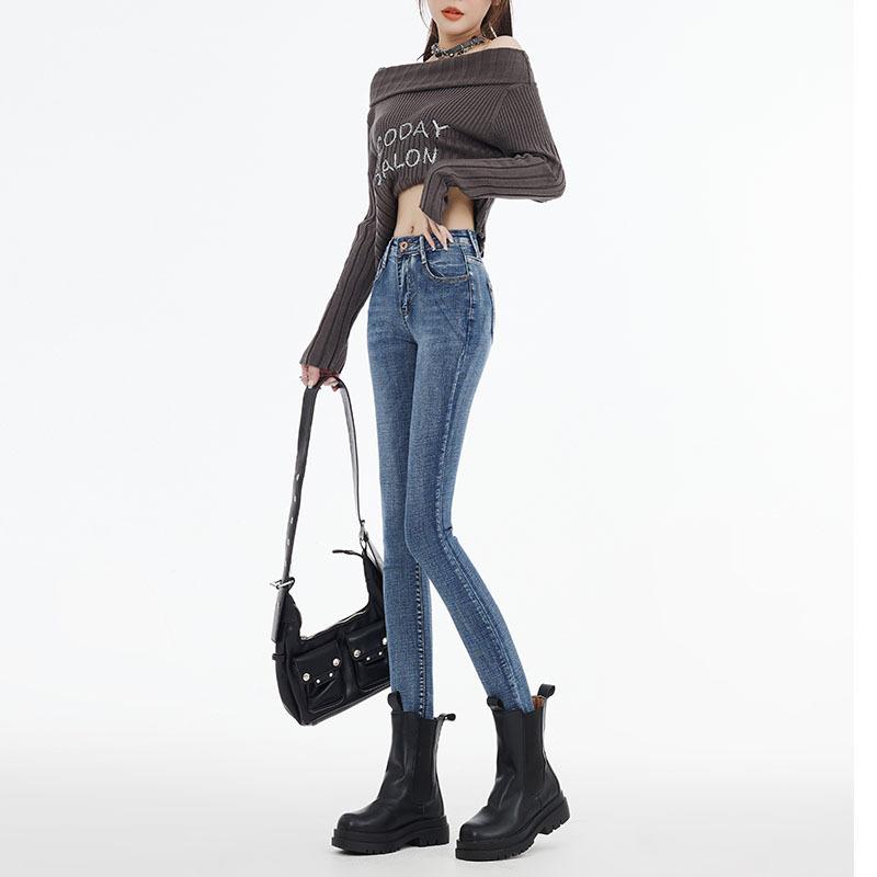 Autumn and Winter Pencil Pants High Waist Breasted Belly Thin Elastic Nine-point Jeans Women