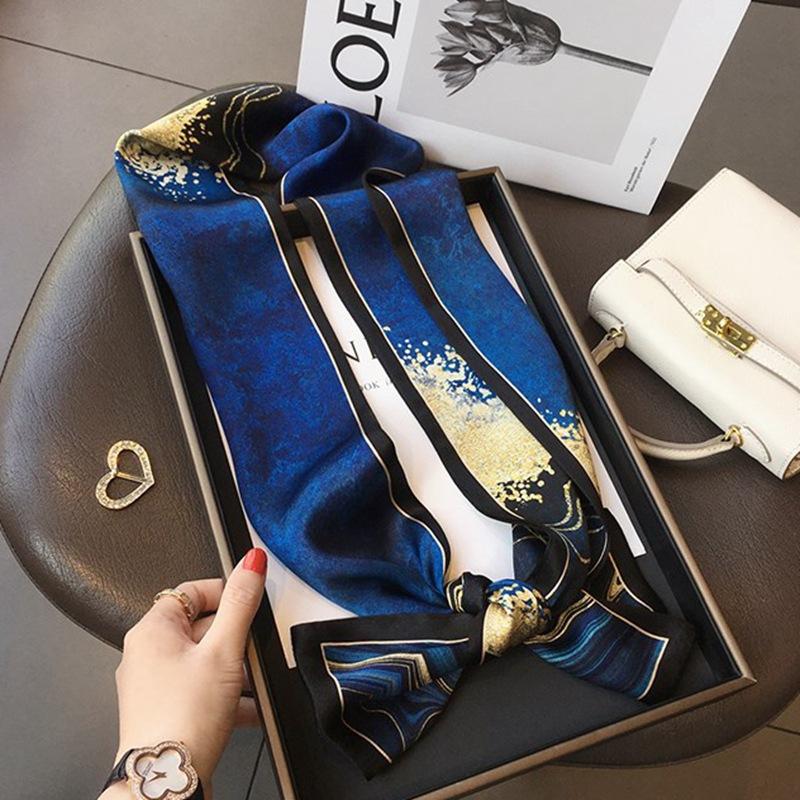 Temperament Blue Ocean! Mulberry Silk Silk Scarf Versatile Double-Sided Silk Scarf Thin Narrow Long Scarf Streamer