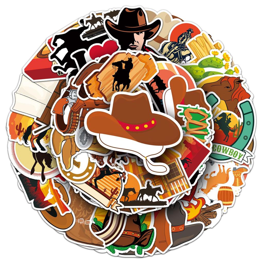 50 Western Cowboy Retro Cartoon Stickers - Waterproof, Removable, Ideal for Suitcases, Notebooks, Journals