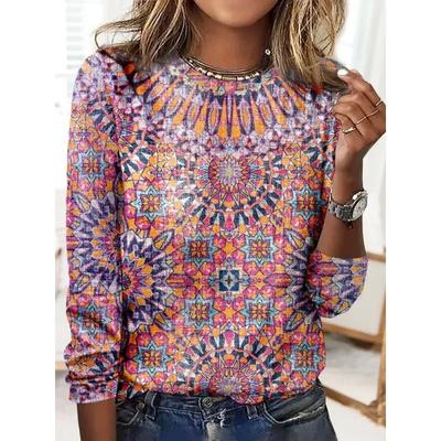 Herbst Damen S-3XL Neue Damen Casual Rundhals Mode Langarm Lose Digital Gedruckt Damen Mittellanges T-Shirt