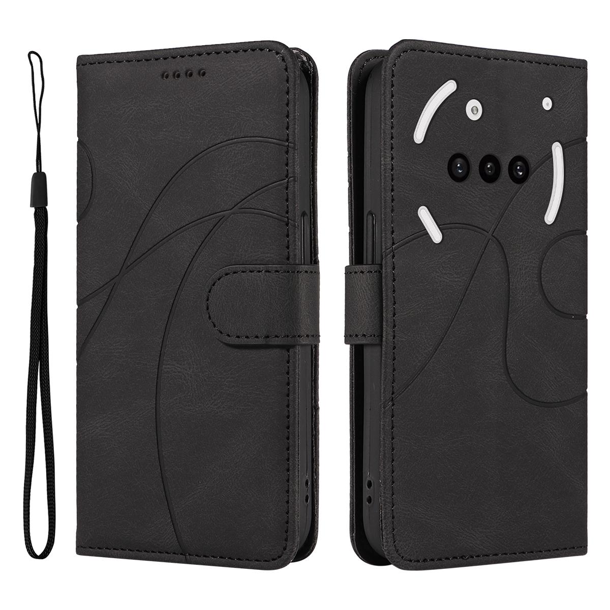 

For Nothing Phone (3a) Wallet Case Leather Phone Cover Stand with Curved Line Design - Black A