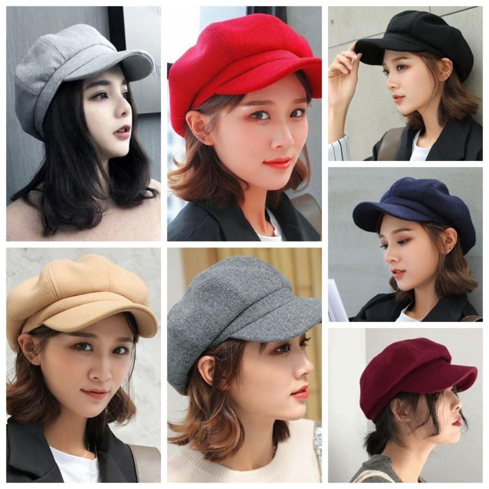 Solid Color British Berets Ear Protection Artist Hat Elegant Woolen Octagonal Hat  Girl