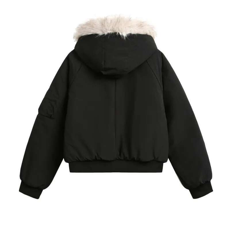 Women's Winter Warm Fur Collar Hooded Quilted Padded Jacket Brown Loose Causal Short Style Cotton-padded Coat