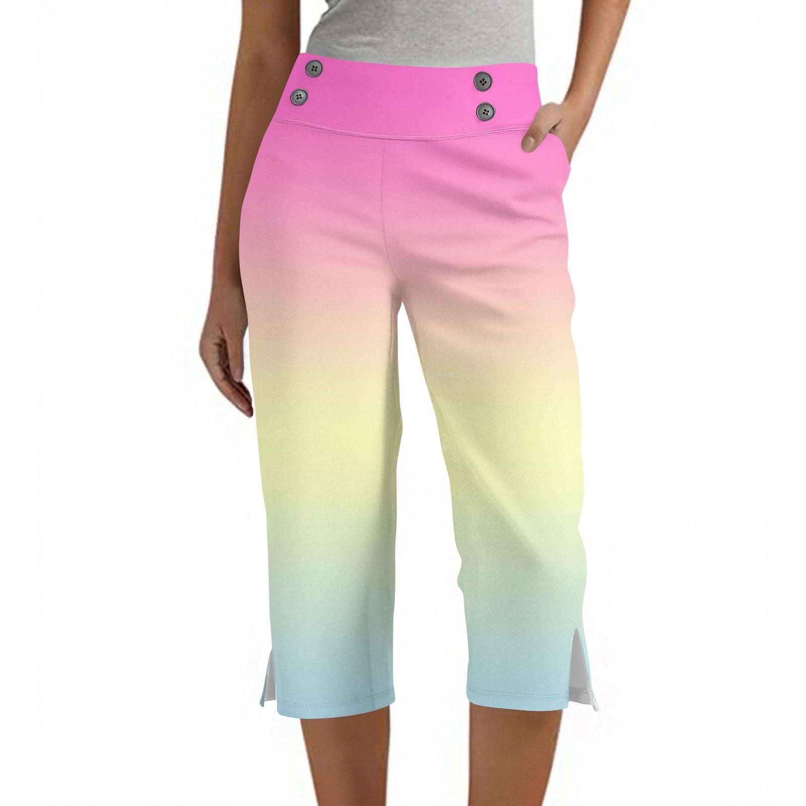 Women s Fashion Gradient Button Pocket Trousers Slit High Waist Sports Yoga Casual Cropped Pants XL розовый