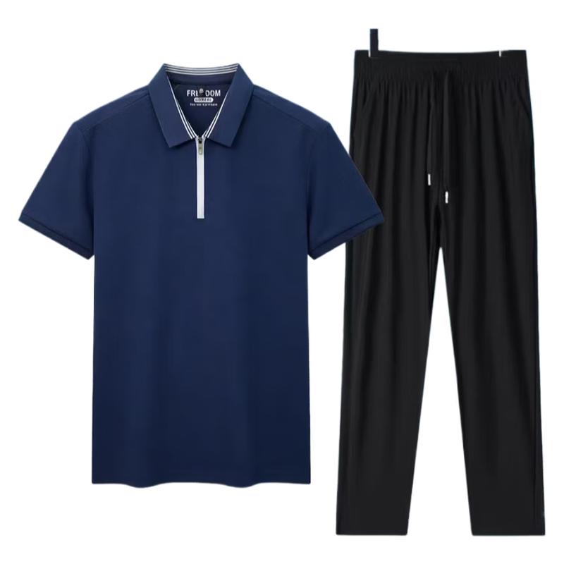 Kangbo Men's Summer Breathable Cool-Feel Short Sleeve & Long Pants Set