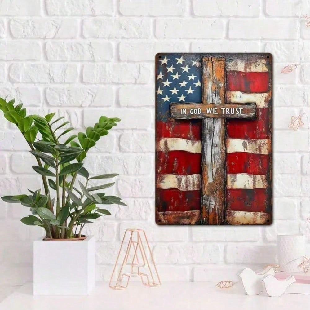 Metal Wall Art Vintage Christian Decor, USA Flag with Cross, Retro Tin Sign for Home Garage Gift