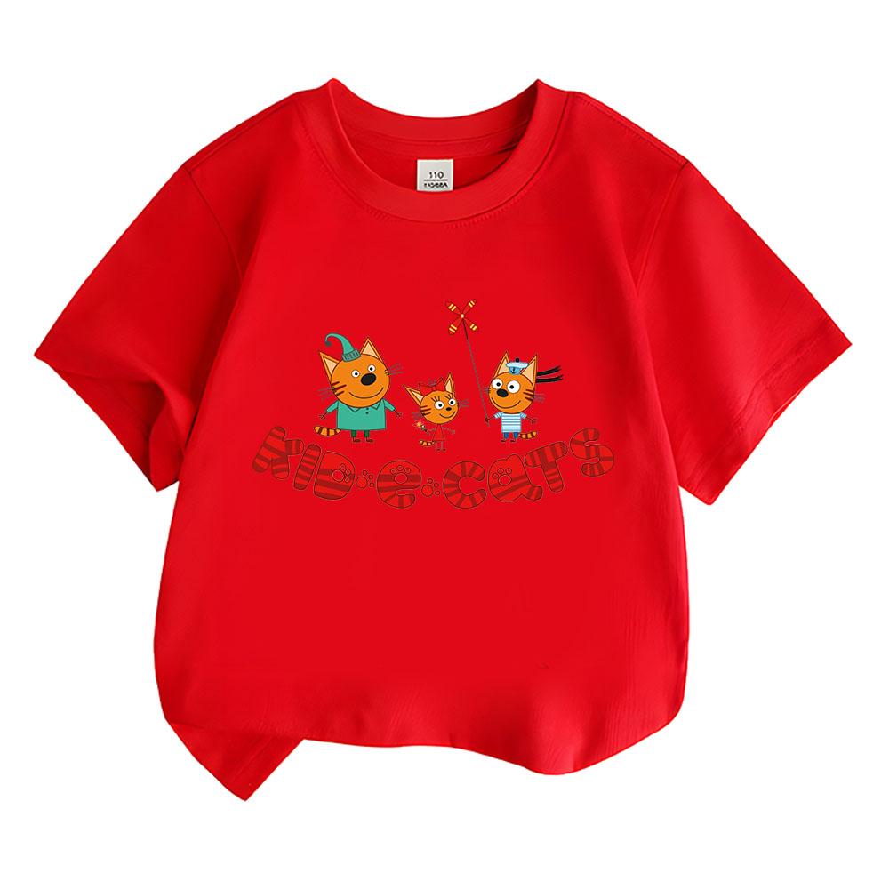 

Kid-E-Cats Cartoon 100%Cotton T-shirts Funny Cat Family Tee-shirt Russian Three Cats Tops Children Short Sleeve Breathable Tees summer Tops 100 красный