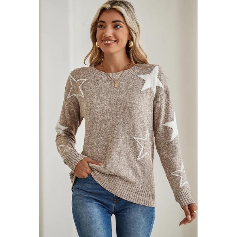 Pulover tricotat pentru femei, bej, cu imprimeu steluțe, gât rotund, croială largă, casual, cu mânecă lungă