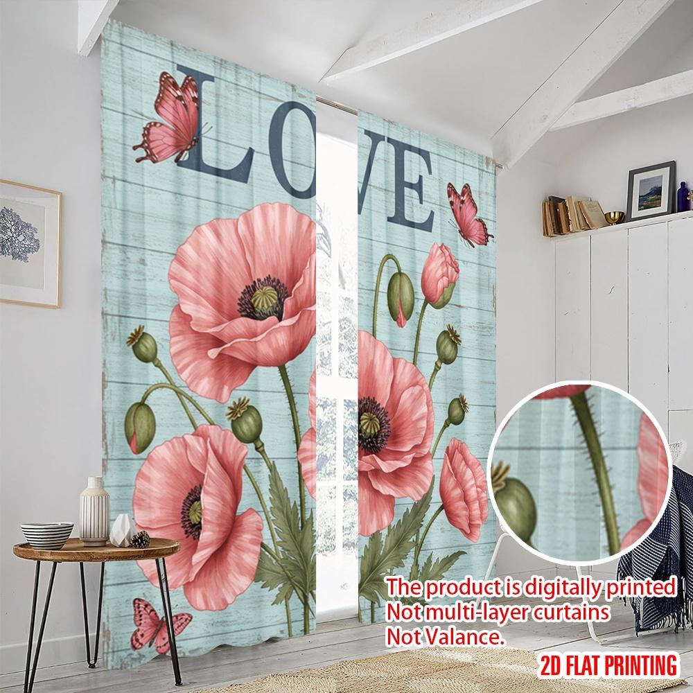 2pcs 2D flat printing Curtain Vintage Poppy Butterflies Love Wall 100% Polyester Without Electricity Festive Wall Decor Perfect