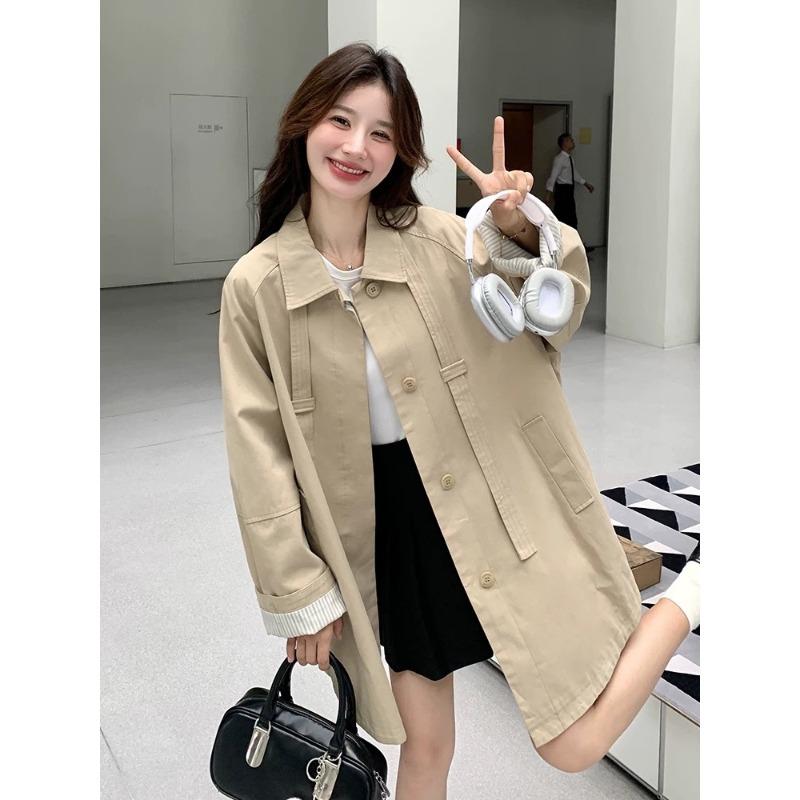 Khaki Mid-length Windbreaker Jacket for For Women In Autumn New Design Casual Versatile Simple Jacket