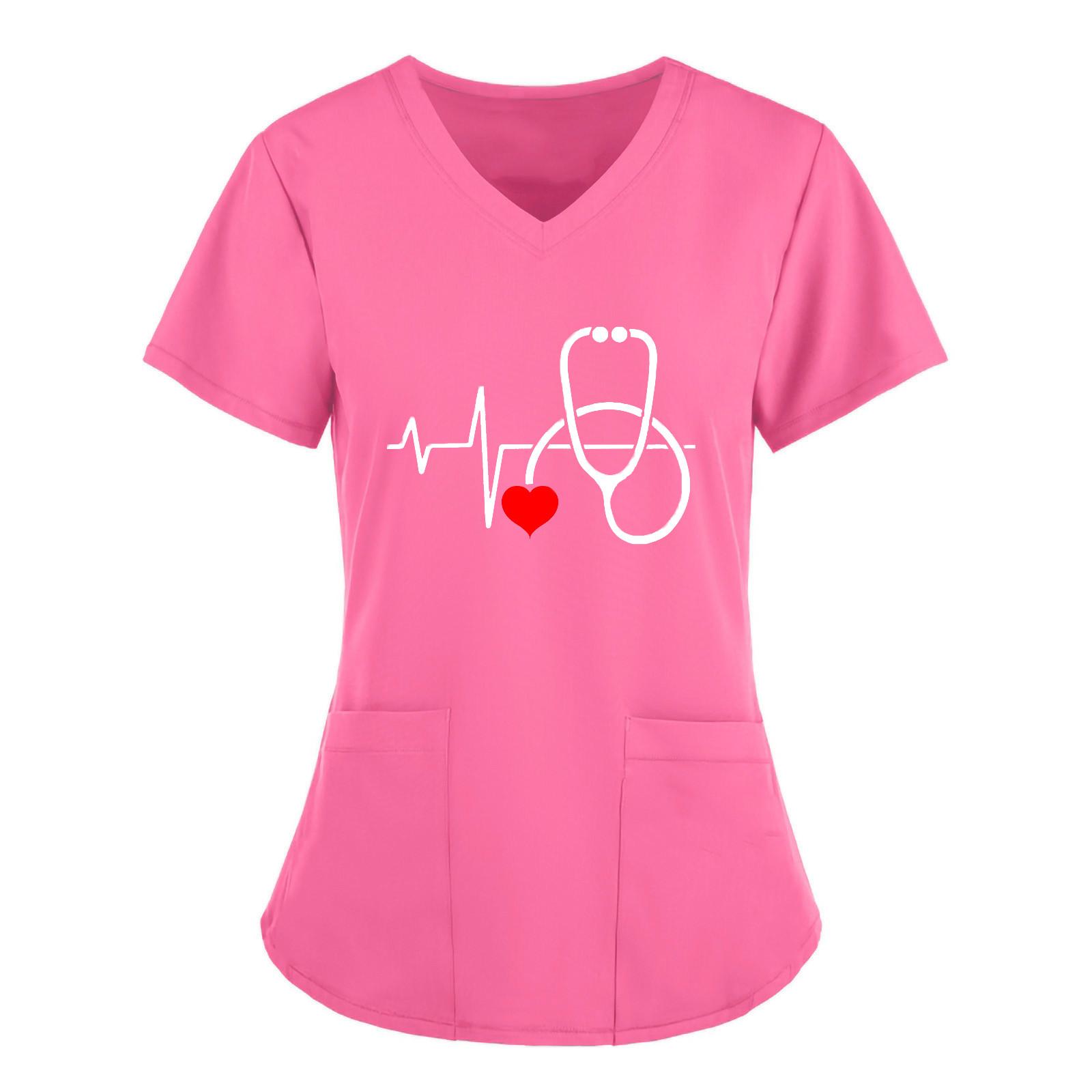 

(SU)Женские топы с короткими рукавами и v-образным вырезом, рабочая однотонная блузка с карманами XXXL розовый