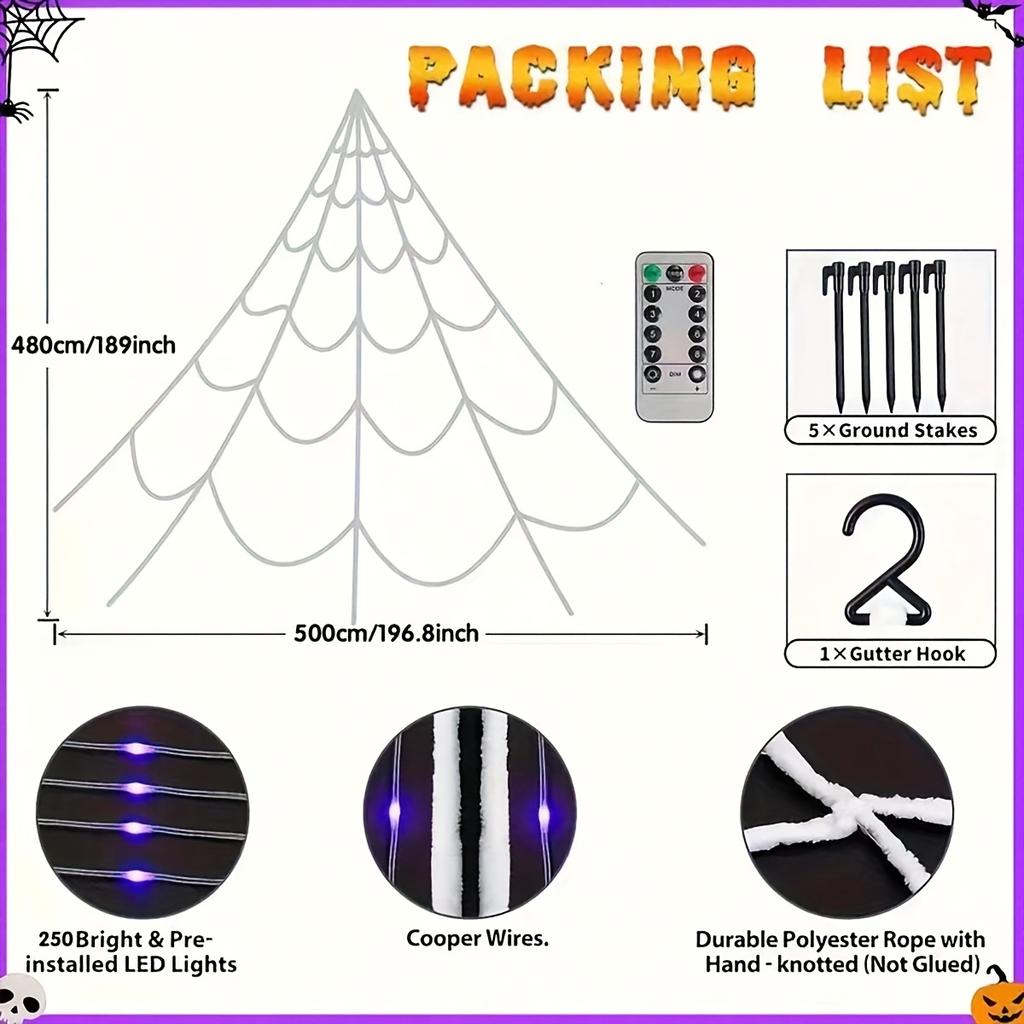 LED Glowing Spider Web Halloween Decor with Remote Control Spooky Party Props