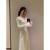 Design Niche High-end Sense Gentle Wind Sexy Temperament Slim and Thin Big V-neck Versatile Long-sleeved Knitted Dress