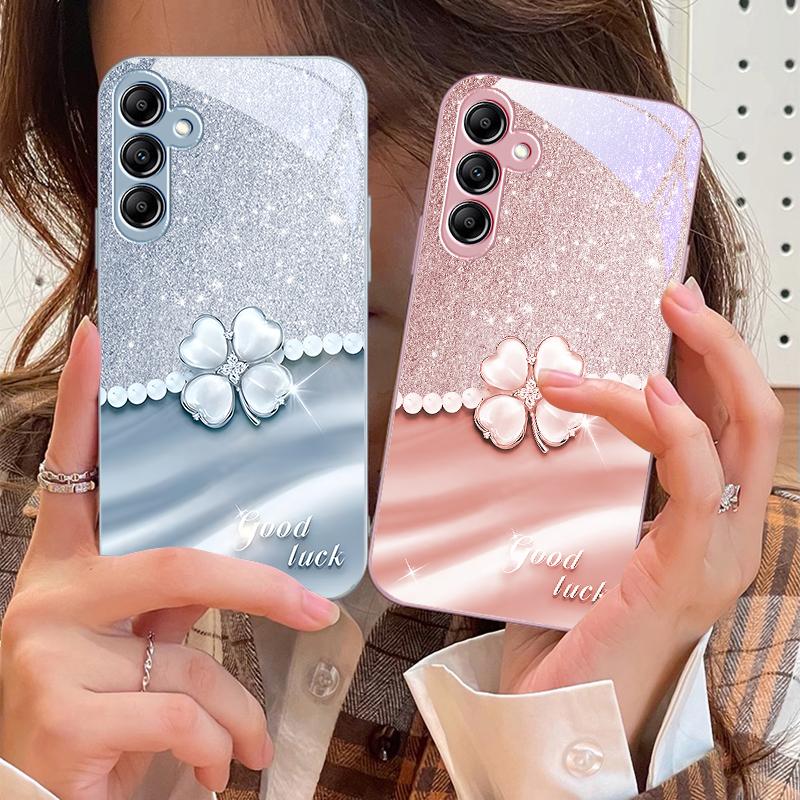 Lucky Clover White For Samsung Galaxy A14 4G 20 30 52 20S 21S 22 A32 33 34 42 50 51 53 54 70 71 72 73 5G Glass Phone Case