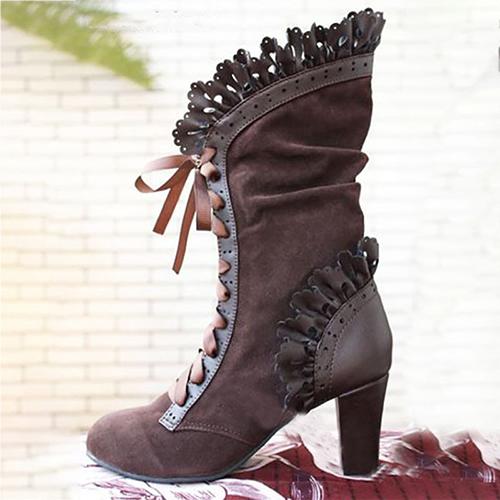 Damen High Heel Stiefel Steampunk Sexy Leder Wildleder Herbst Vintage Winter Schnürung Cosplay Stiefel