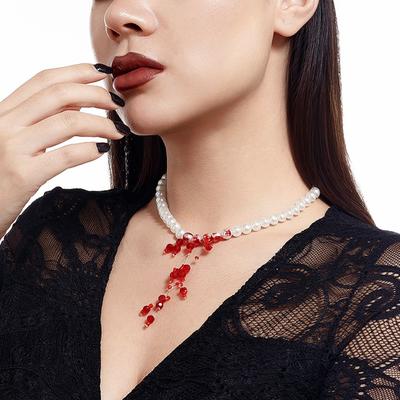 Imitation Pearl Halloween Choker Imitation Crystal Beads Necklace Blood Drop Necklace  Ladies
