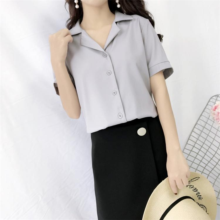 Camicetta da donna Camicetta alla moda a maniche corte con scollo a V, casual, da ufficio, camicie bianche, top in stile coreano giapponese