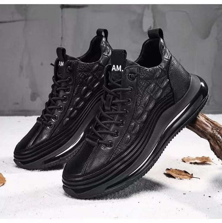 2025 spring and autumn new leather men's shoes thick sole heightening dad shoes single cotton same men's lace-up casual trendy shoes